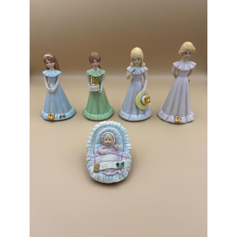 Vintage Enesco Growing Up Birthday Girls - 5 Piece Figurine Lot